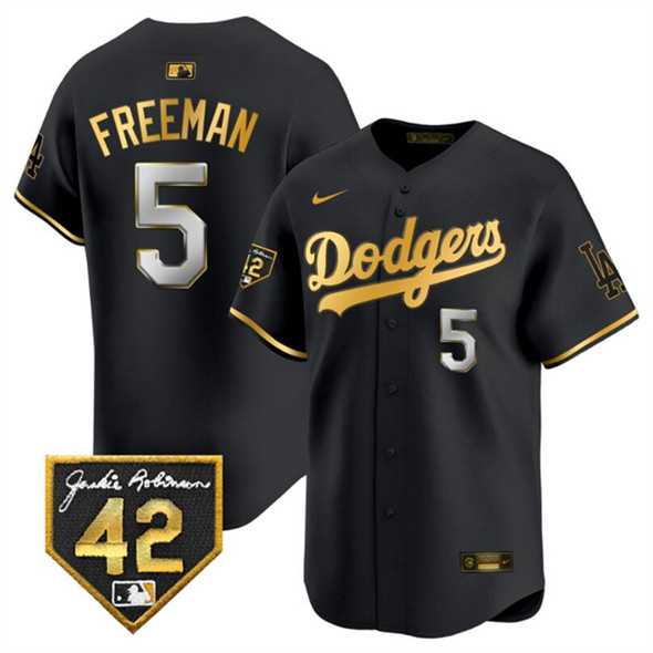 Mens Los Angeles Dodgers #5 Freddie Freeman Black Gold With Jackie Robinson Patch Limited Stitched Jersey Dzhi